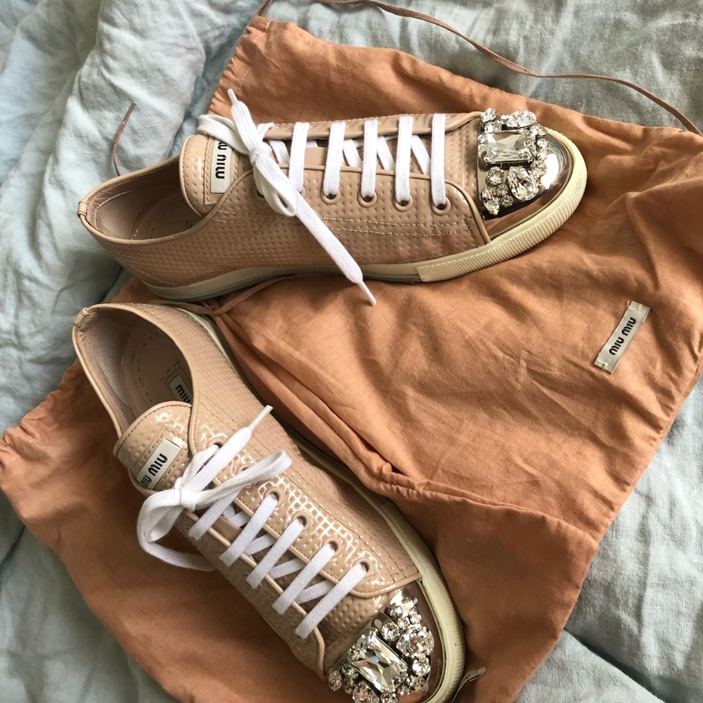 Miu Miu Cream Canvas Sneakers with Rubber Sole